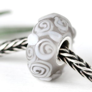 Rose flower charm bead, Matte grey European style bracelet charms, Big hole lampwork glass bead