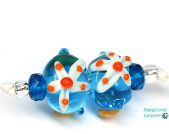 Blue lampwork glass bead pair with starfish aqua blue earring making beads set 2pc