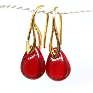 Bright red earrings golden hooks czech glass teardrop jewelry for women