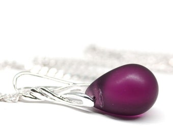 Purple glass pendant Purple necklace and earring set Frosted purple drop pendant