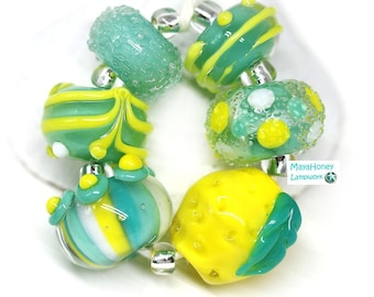 Lemon fruit handmade glass beads set for jewelry making Yellow green lampwork