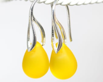 Bright yellow earrings Yellow teardrop earrings Sea glass earrings sterling silver