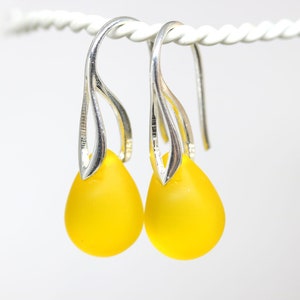 Bright yellow earrings Yellow teardrop earrings Sea glass earrings sterling silver Silver