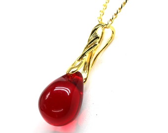 Red drop necklace Red glass pendant Bright red necklace gold chain Red dainty necklace