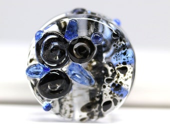 Black rose flower bead Lampwork bead for jewelry making tablet shape 1pc