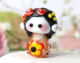 Flower fairy dark hair, bright handmade lampwork bead pendant small glass doll figurine