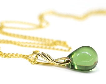 Olive green pendant on golden chain Olive green necklace Olivine necklace