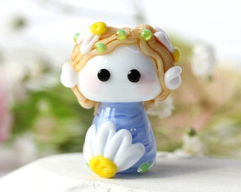 Daisy flower fairy blond hair, handmade lampwork bead small glass figurine