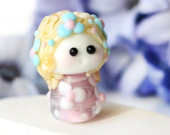 Fantasy daisy fairy lampwork bead small glass elf figurine blond curly hair