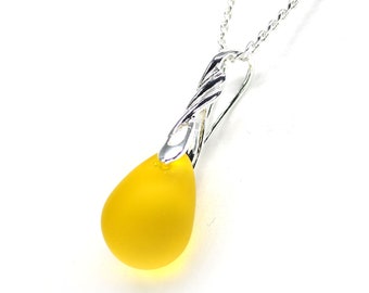 Bright Yellow teardrop necklace Sea glass pendant sterling silver