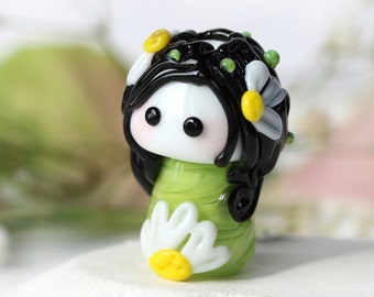 Daisy flower fairy dark hair, handmade lampwork bead small glass figurine