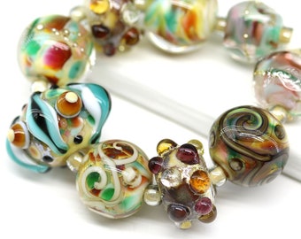 Ornament handmade lampwork round glass beads set 9pc, jewelry making SRA