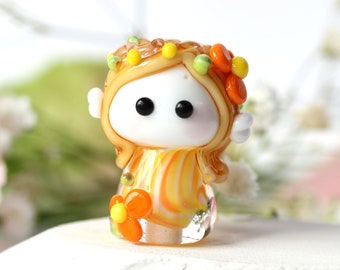 Flower fairy blond hair, handmade lampwork bead pendant small glass figurine