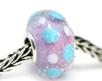 Pink blue Murano glass charm polka dot European style bracelet bead, Artisan lampwork large hole bead