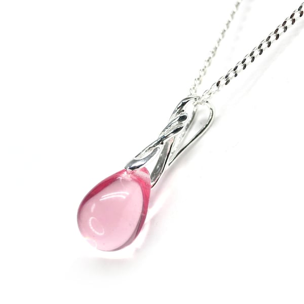 Blush pink sterling silver chain necklace teardrop glass pendant