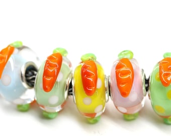 Carrot beads European bracelet charm Lampwork large hole bead Easter jewelry