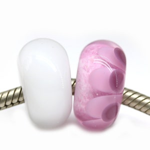 Pink European style bracelet beads pair white Murano glass flower charms lampwork large hole