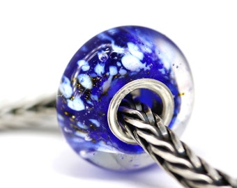 Dark cobalt blue European style bracelet charm, Large hole handmade glass lampwork bead