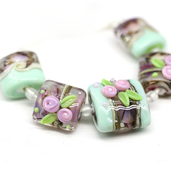 Floral pillow lampwork glass handmade beads with roses, purple pink set