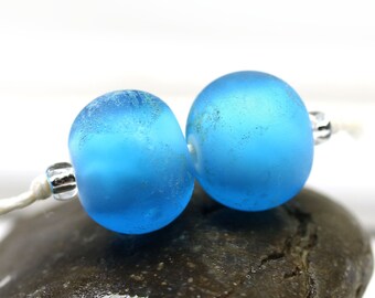 2pc Large blue glass round beads seaglass finish Handmade lampwork pair Earring making