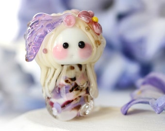 Fantasy flower fairy lampwork bead small elf figurine glass handmade pendant SRA