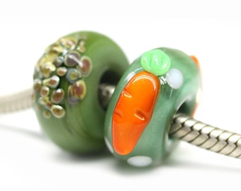 Carrot European style bracelet beads pair Olive green Murano glass easter charms lampwork large hole