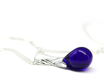 Cobalt blue pendant Blue drop necklace Blue teardrop necklace sterling silver