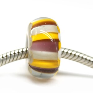 5mm hole Purple yellow stripes European bracelet charm, Big hole lampwork glass