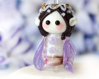 Fantasy flower fairy with wings lampwork bead small elf figurine glass handmade