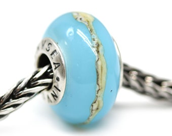 Contas europeias de vidro lampwork azul opala com núcleo de prata esterlina