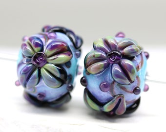 2pc Blue purple flower large lampwork glass earrings bead pair jewelry making SRA