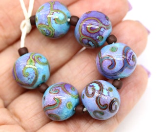 Blue purple ornament handmade lampwork round glass beads set 6pc, jewelry making SRA