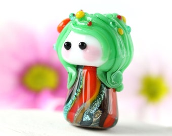 Fantasy green hair water fairy lampwork bead small glass elf figurine