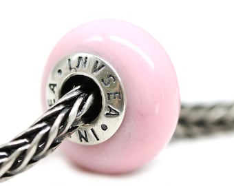 Pink bracelet charm bead, silver lined Murano glass European style handmade lampwork big hole bead