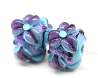 2pc Blue purple flower large lampwork glass earrings bead pair jewelry making SRA