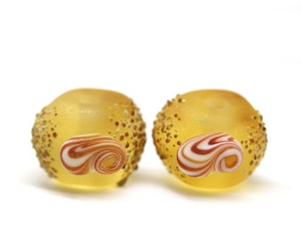 Seaglass yellow lampwork glass bead pair with seashells earring making 2pc