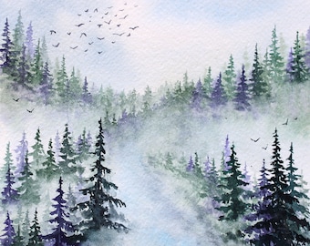 Misty forest landscape foggy watercolor original painting nature