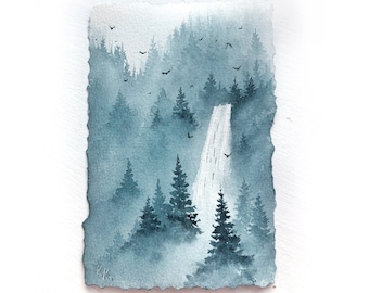 "4x6" Wasserfall blau nebligen Wald Landschaft original Aquarell kleine Malerei