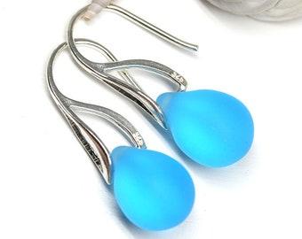 Blue sea glass earrings Aqua blue earrings Blue teardrop earrings