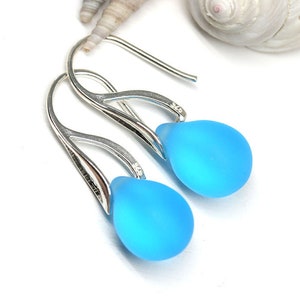 Aqua Blue sea glass teardrop earrings frosted beach jewelry