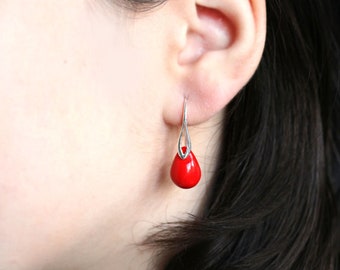 Bright red glass drop earrings, teardrop briolette jewelry