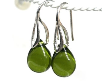 Dark olive green earrings Olivine earrings sterling silver jewelry Dark green drop earrings