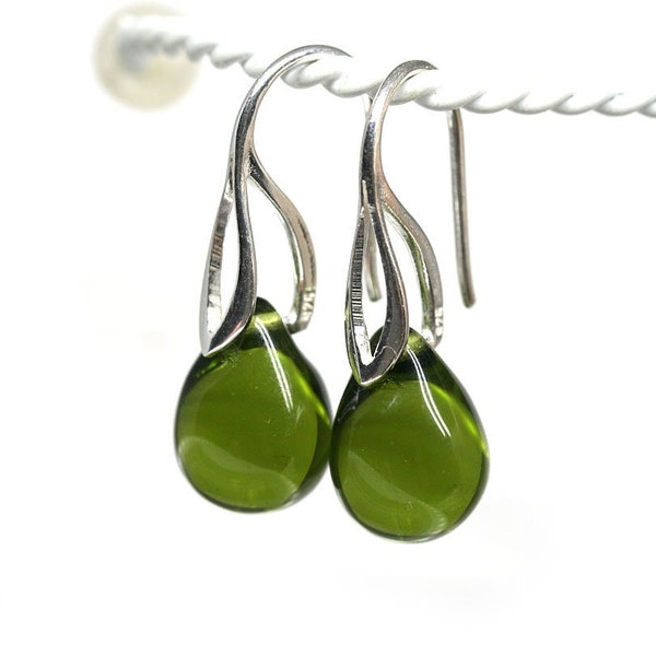Dark olive green earrings Olivine earrings sterling silver jewelry Dark green drop earrings