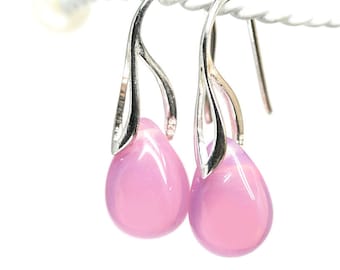 Opal pink earrings, Sterling silver  glass drop briolette dangle earrings