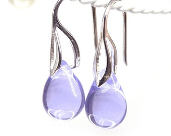 Lilac drop earrings, Lavender Light purple glass teardrop earrings, Sterling silver women jewelry