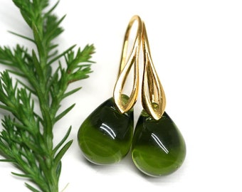 Dark green drop earrings, Olive green earrings gold Czech glass teardrop women earrings