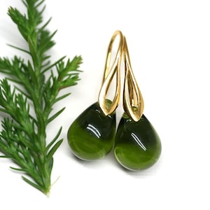 Dark green drop earrings, Olive green earrings gold Czech glass teardrop women earrings