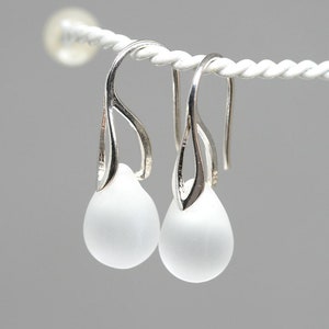 Frosted glass earrings White Sea glass sterling silver jewelry
