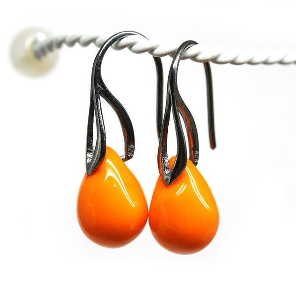 Orange black earrings, bright orange dangle drop earrings for women