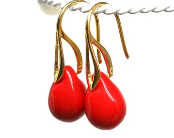 Bright red earrings Red teardrop earrings Red gold earrings